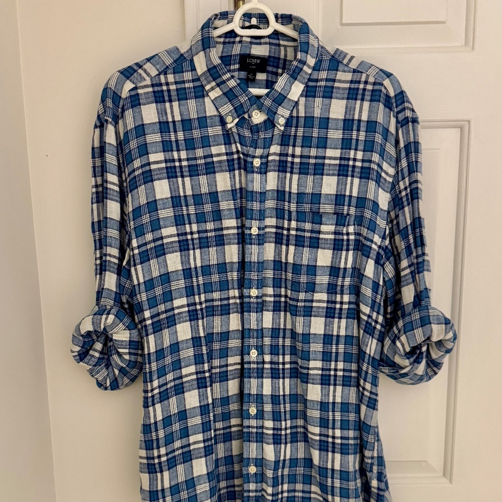 J. Crew Slim Fit Linen-Cotton Plaid Shirt - Men's Large